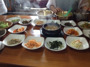 A traditional Korean meal. Lots of side dishes (mostly pickled/fermented vegetables) with soup. 