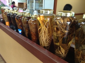 Traditional Korean alcohol. All of these jars have some sort of flavoring and then they pour a ton of alcohol in it and let it sit for a while. 